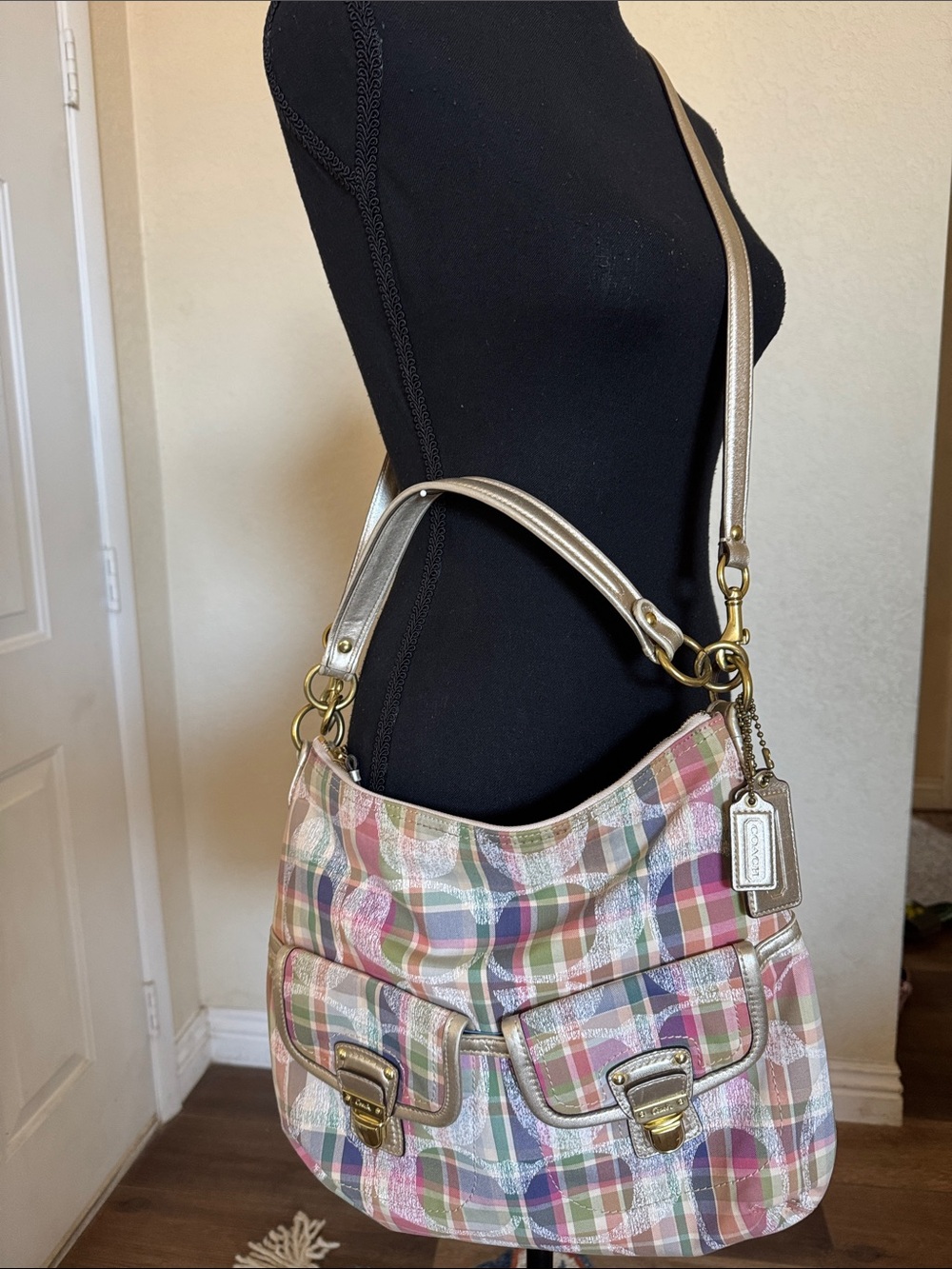 Coach Y2K Madras Multicolor Plaid Bag with Metallic Trim and 2 handtags